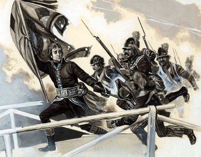 Napoleon leder sin armé över bron vid Lodi. av English School