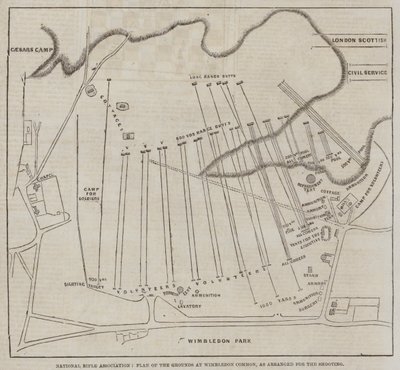 National Rifle Association, Plan of the Grounds vid Wimbledon Common, som arrangerat för skjutningen (gravyr) av English School