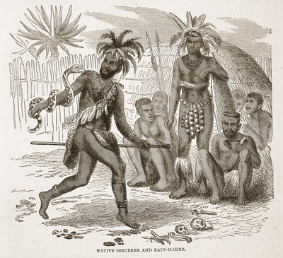 Infödd trollkarl och regnmakare, illustration från The Pictorial Edition av David Livingstones liv och upptäckter av J. Ewing Richie, pub. av A. Fullarton & Co., 1876 av English School