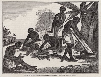 Infödda på Madagaskar förbereder bröd från maniokrot (gravyr) av English School