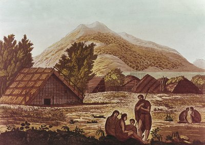 Infödda, med hyddor och berg bakom, graverad av F. Fumagalli (färgstick) av English School