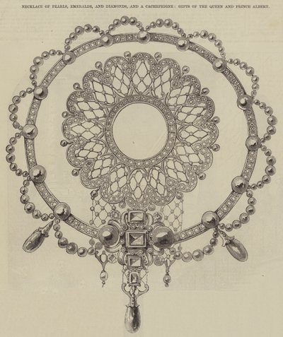 Halsband av pärlor, smaragder och diamanter och en Cache Peigne, gåvor från drottningen och prins Albert (gravyr) av English School
