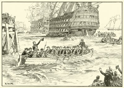 Nelson går ombord på sitt flaggskepp i Portsmouth (bläck på papper) av English School