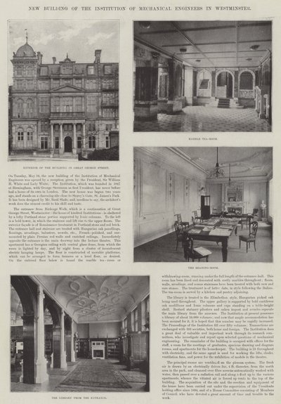 Ny byggnad av Institution of Mechanical Engineers i Westminster (gravyr) av English School
