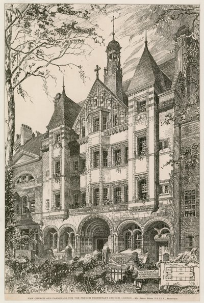 Ny kyrka och prästgård för den franska protestantiska kyrkan, London av English School