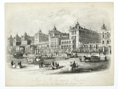 New St. Thomass Hospital, öppnat av Hennes Majestät Drottningen 1871, pub. J.T. Trä av English School