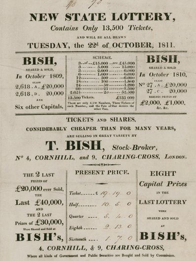 New State Lottery, drivs av T. Bish, aktiemäklare, 4 Cornhill och 9 Charing Cross, London av English School
