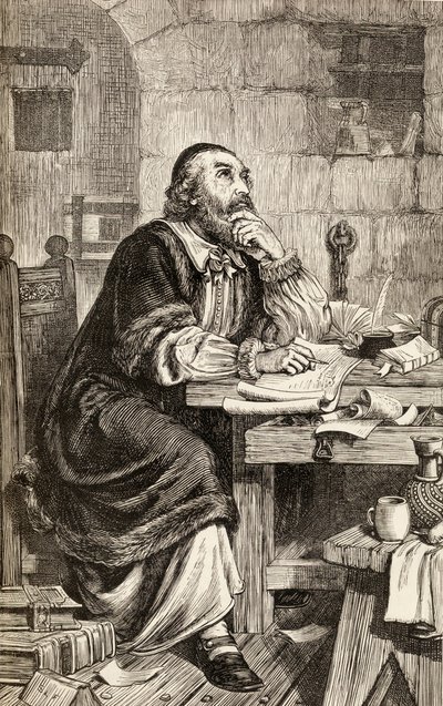 Nicholas Ridley skrev brev i fängelset i väntan på sin avrättning, ca 1865 (trästick) av English School