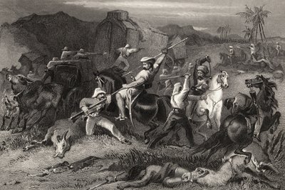 Nattsortering och attack mot bagagevagnar, från "The History of the Indian Mytery" publicerad 1858 av English School