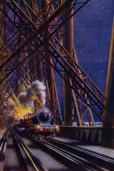Nattåg som korsar Forth Bridge, Skottland (färg litho) av English School
