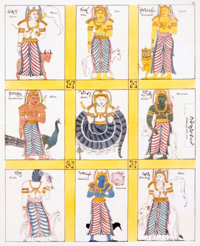 Nio sorters Bali som representerar planeterna, från The History and Doctrine of Buddhism av Edward Upham, 1829 av English School