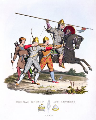 Norman Knight and Archers, 1066, från Ancient Armour, av Samuel Rush Meyrick, 1824 av English School