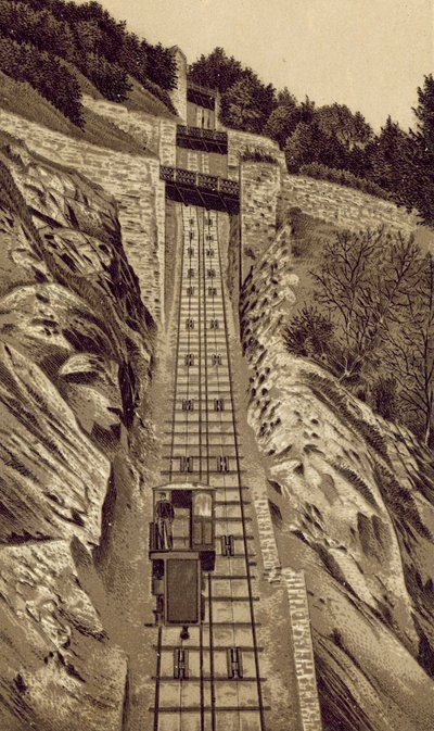North Devon: Cliff Railway, Lynmouth till Lynton (litografi) av English School
