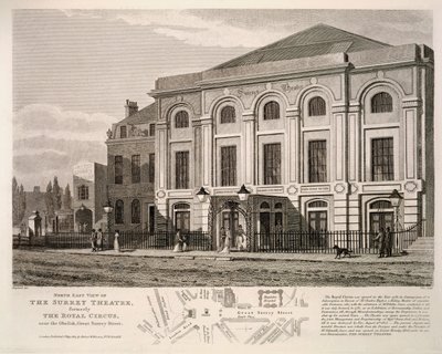 North East View of Surrey Theatre, tidigare The Royal Circus nära obelisken, Great Surrey Street, 1814 av English School