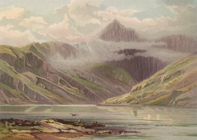Norr om Wales, Snowdon från Llyn Llydaw (färg litho) av English School