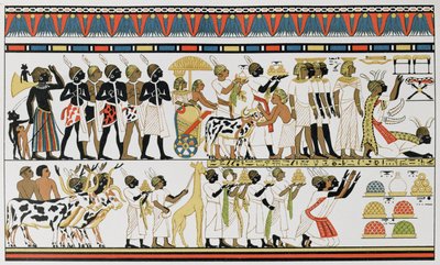 Nubiska hövdingar som ger gåvor till kungen av Egypten, kopia av en fornegyptisk väggmålning från en grav i Thebe, ca 1380 f.Kr., från The History of Mankind, Vol.III, av Prof. Friedrich Ratzel, 1898 av English School
