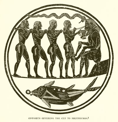Odysseus erbjuder bägaren till Polyphemos av English School