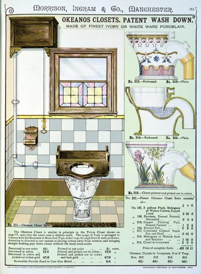 Okeanos Closets från en katalog över sanitetsartiklar producerad av Morrison, Ingram & Co., Manchester, publicerad ca 1890 av English School