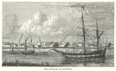 Gamla skeppsvarvet vid Deptford (gravyr) av English School