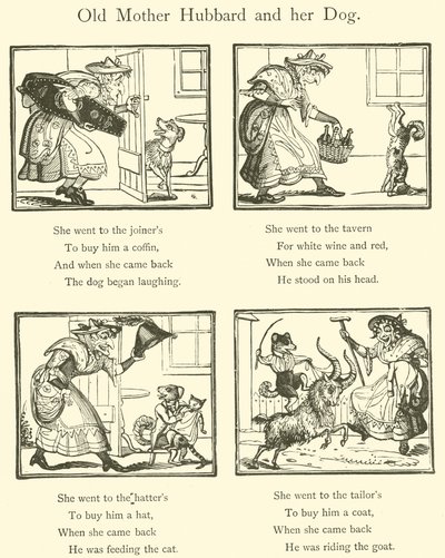 Gamla mamma Hubbard och hennes hund (träsnitt) av English School