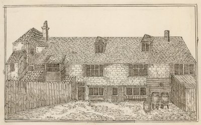 Old Pied Bull, Islington (bak) (bläck på papper) av English School