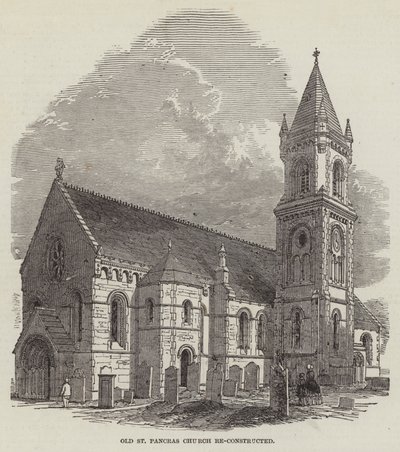 Gamla St Pancras-kyrkan återuppbyggd (gravyr) av English School