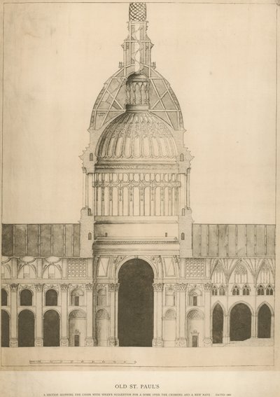 Gamla St Pauls katedral; ett avsnitt som visar kören med Sir Christopher Wrens förslag på en kupol av English School