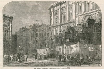 Gamla och nya byggnader i Threadneedle Street, London av English School