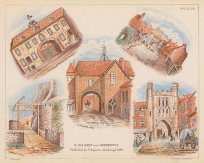 Gamla grindar och vindbrygga, Scarborough (färglitografi) av English School