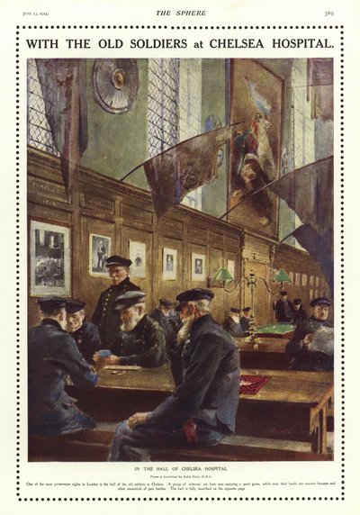 Gamla soldater i hallen på Chelsea Hospital, London av English School