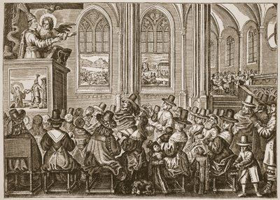 Oliver Cromwell predikar för en puritansk församling, illustration från The Church of England: A History for the People av H.D.M. Spence-Jones, pub. ca 1910 (sepiafoto) av English School