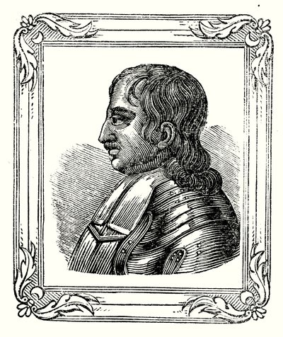 Oliver Cromwell föddes 1599, blev beskyddare 1653 och dog 1658 (gravyr) av English School
