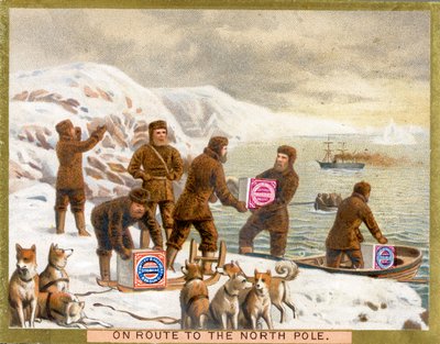 On Route to the North Pole, ett reklamkort för Huntley & Palmers Biscuits, ca 1890 av English School