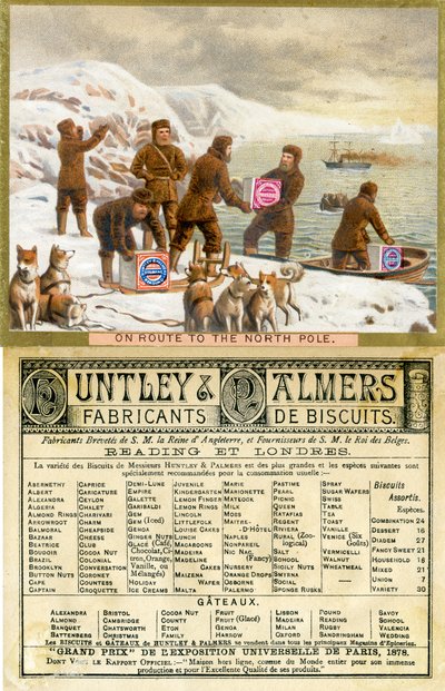På väg till nordpolen, fram- och baksidan av ett reklamkort för Huntley & Palmers Biscuits, producerat för den franska marknaden, 1890 av English School