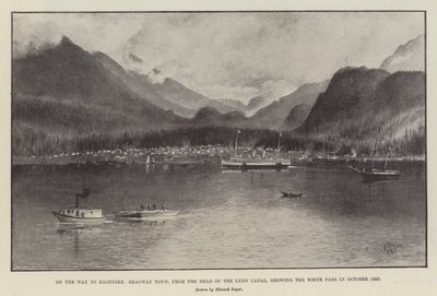 På väg till Klondike, Skagway Town, från Head of the Lynn Canal, som visar White Pass i oktober 1897 (litho) av English School