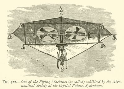 En av de flygande maskinerna (så kallade) som ställs ut av Aeronautical Society på Crystal Palace, Sydenham (gravyr) av English School