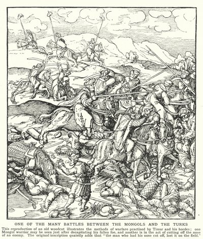 En av de många striderna mellan mongolerna och turkarna (litho) av English School