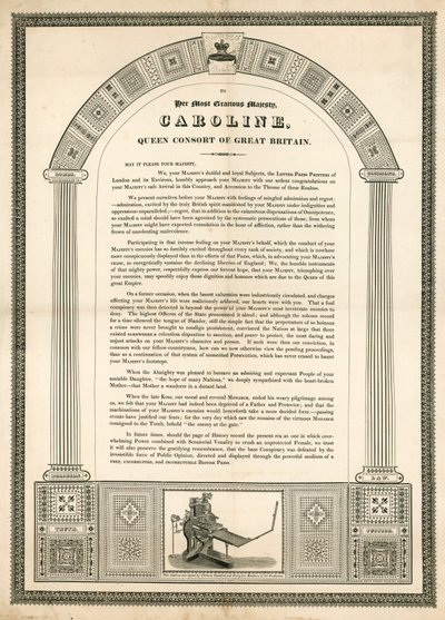 Öppet brev till Caroline, Queen Consort of Great Britain från boktryckeriet i London av English School