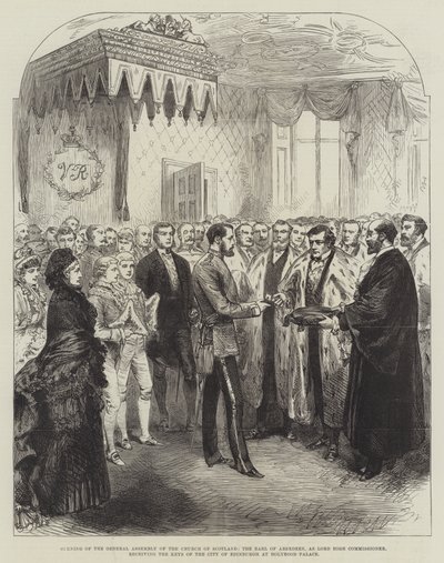 Invigning av den skotska kyrkans generalförsamling, jarlen av Aberdeen, som Lord High Commissioner, tar emot nycklarna till Edinburghs stad vid Holyrood Palace (gravyr) av English School