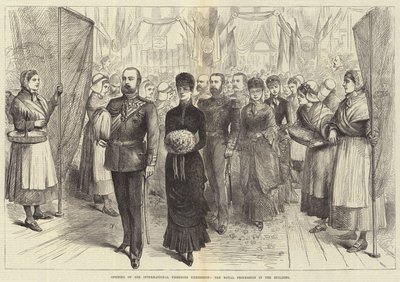 Invigning av den internationella fiskeutställningen, den kungliga processionen i byggnaden (gravyr) av English School