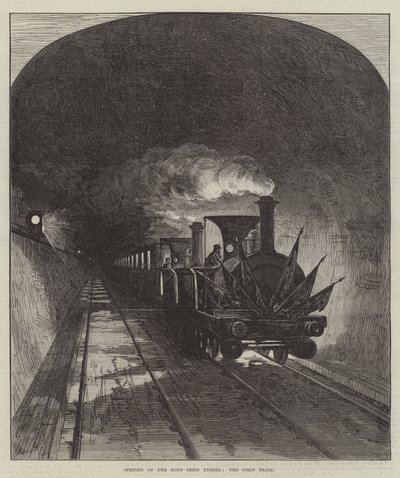 Öppning av Mont Cenis-tunneln, det första tåget (gravyr) av English School