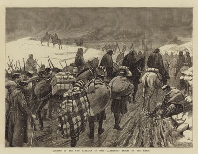 Öppnande av den nya kampanjen i Spanien, alfonsisttrupper på mars (gravyr) av English School