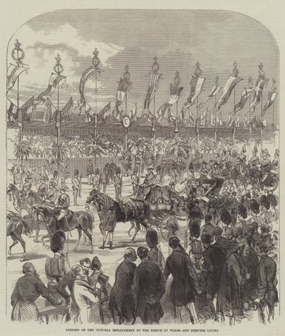 Öppning av Victoria Embankment av prinsen av Wales och prinsessan Louisa (gravyr) av English School