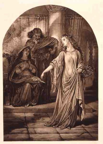 Ophelia, in Hamlet av William Shakespeare (1564-1616) (gravyr) av English School