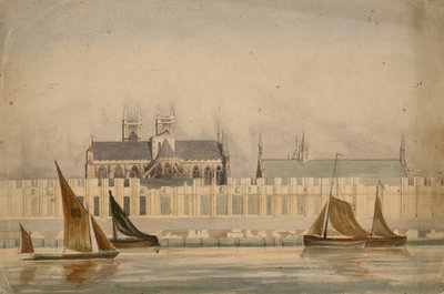 Original akvarellteckning av Houses of Parliament byggdes omkring 1842 (wc på papper) av English School