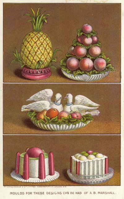 Prydnadsformar för att skapa ismat i form av en ananas, persikor och två duvor (chromolitho) av English School