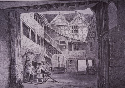 Ostler besöker häst på gården till New Inn, Gloucester (trägravyr) av English School