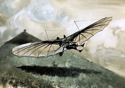 Otto Lilienthal gjorde över 1 000 flygningar i sitt primitiva segelflygplan (gouache på papper) av English School