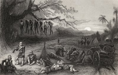 Avlägsen piket från Highland Brigade i Benares, från "The History of the Indian Mytery" publicerad 1858 av English School