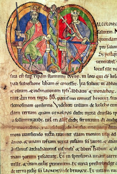 Sida från Charter of Kelso Abbey med en upplyst initial föreställande kung David I (1084-1153) och hans barnbarn Malcolm IV (1141-65) 1159 (vellum) av English School